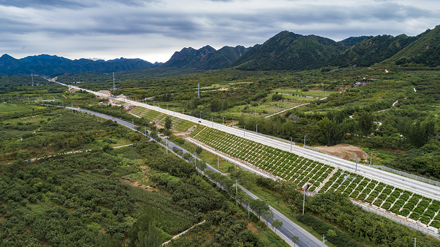9月2日，京沈客專京冀段潮白河特大橋橋尾處，中國鐵建所屬中鐵二十二局幾名工人熟練地將自密實混凝土灌注到最后一塊軌道板與底座間。至此，京沈客專北京段無砟軌道工程全部鋪設完畢，這條我國縱向高鐵大動脈的線下工程完工，為后續鋪軌貫通奠定了基礎。圖為京沈客專九標正線無砟軌道施工。