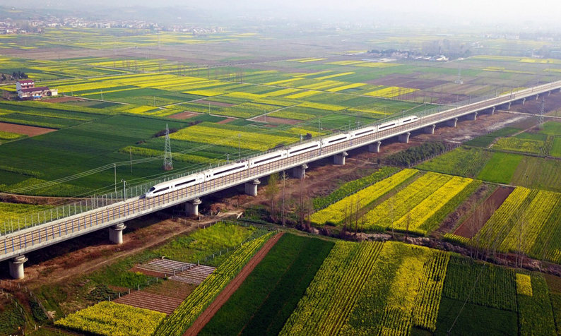 圖為3月20日，動車組列車行駛在西成高鐵陜西漢中洋縣段。新華社發（唐振江 攝）